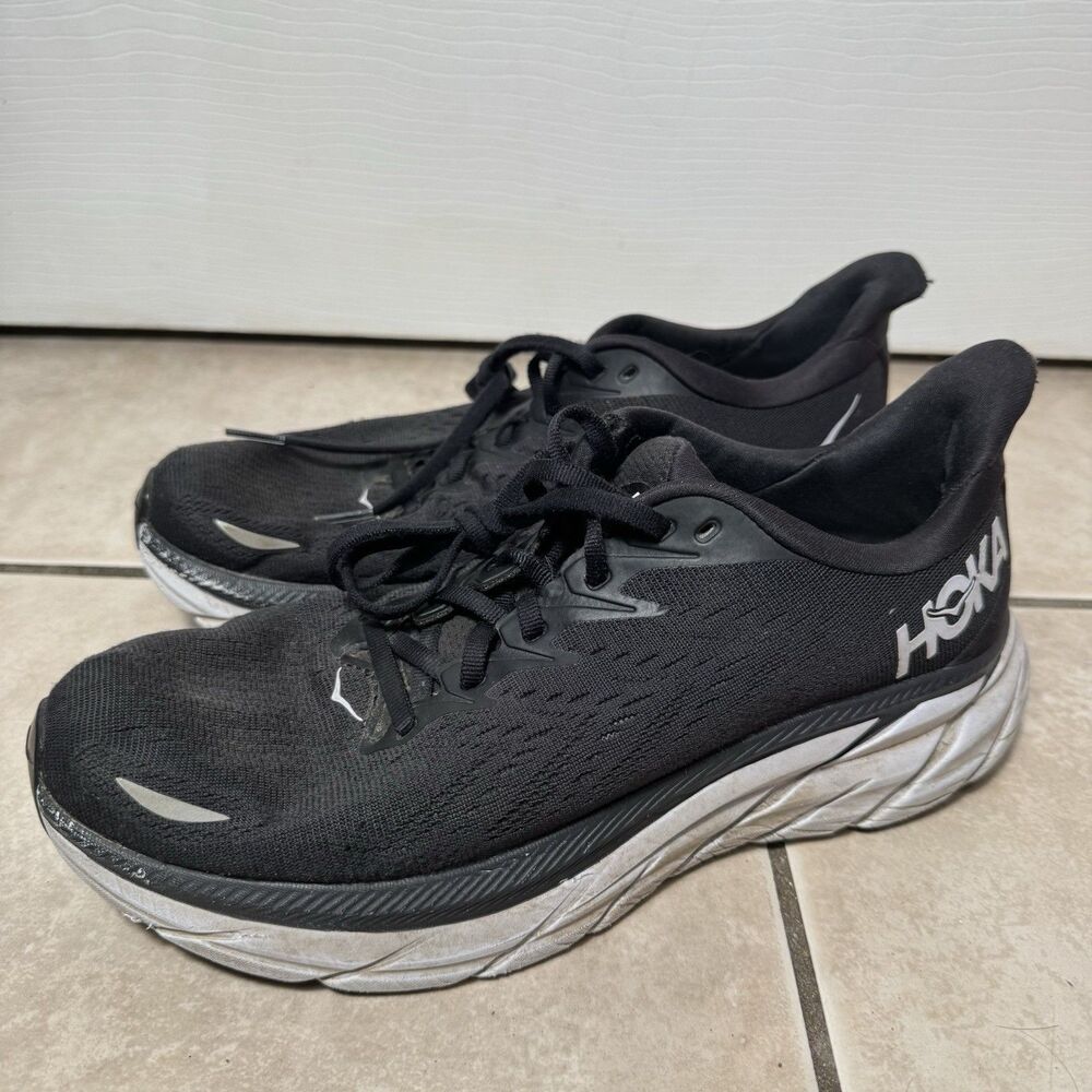 Hoka One One Clifton 8 Womens Sz 9 B Black White Running Athletic Shoes Sneakers